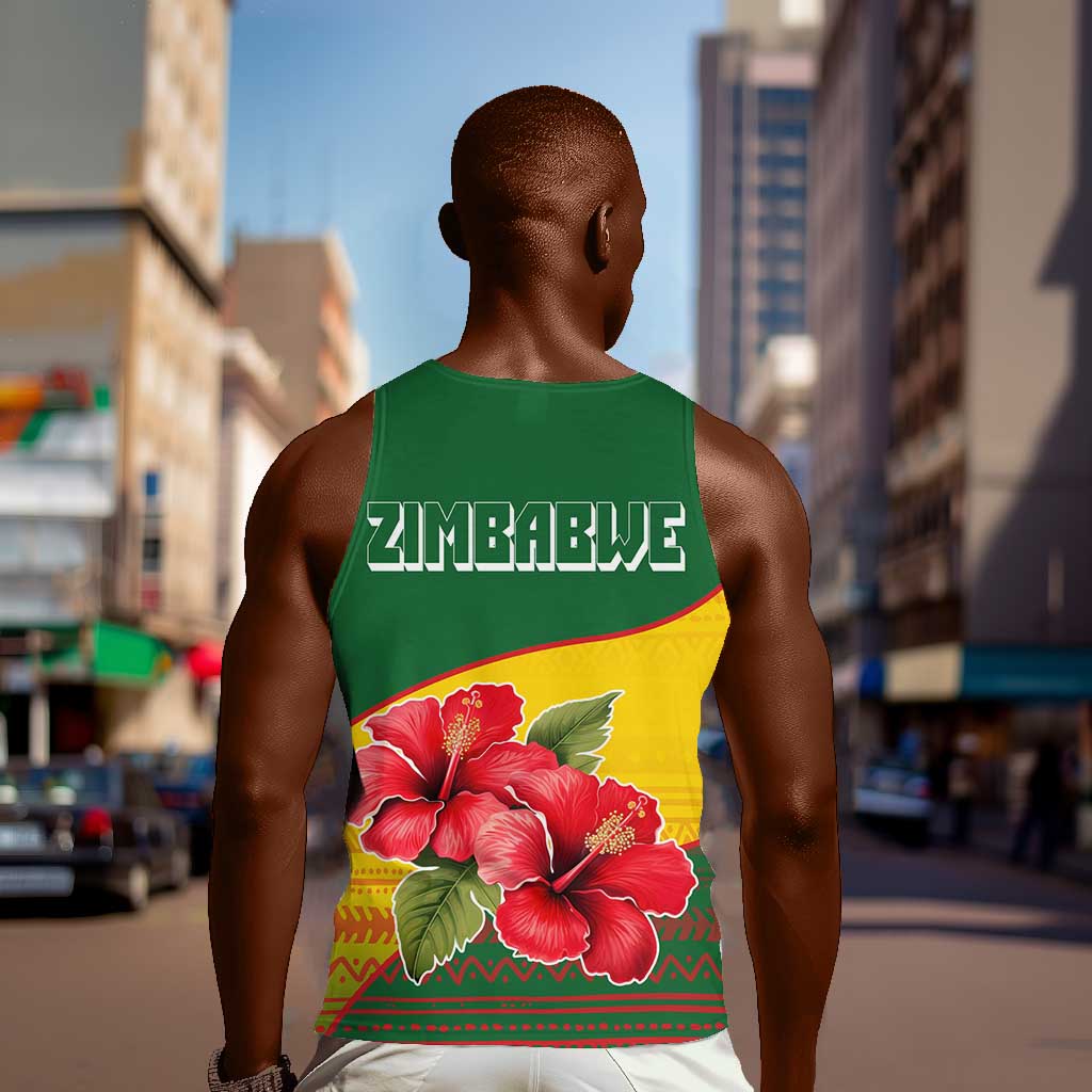 Zimbabwe Flag Map Men Tank Top African Tribal Pattern Red Hibiscus Flowers TS04