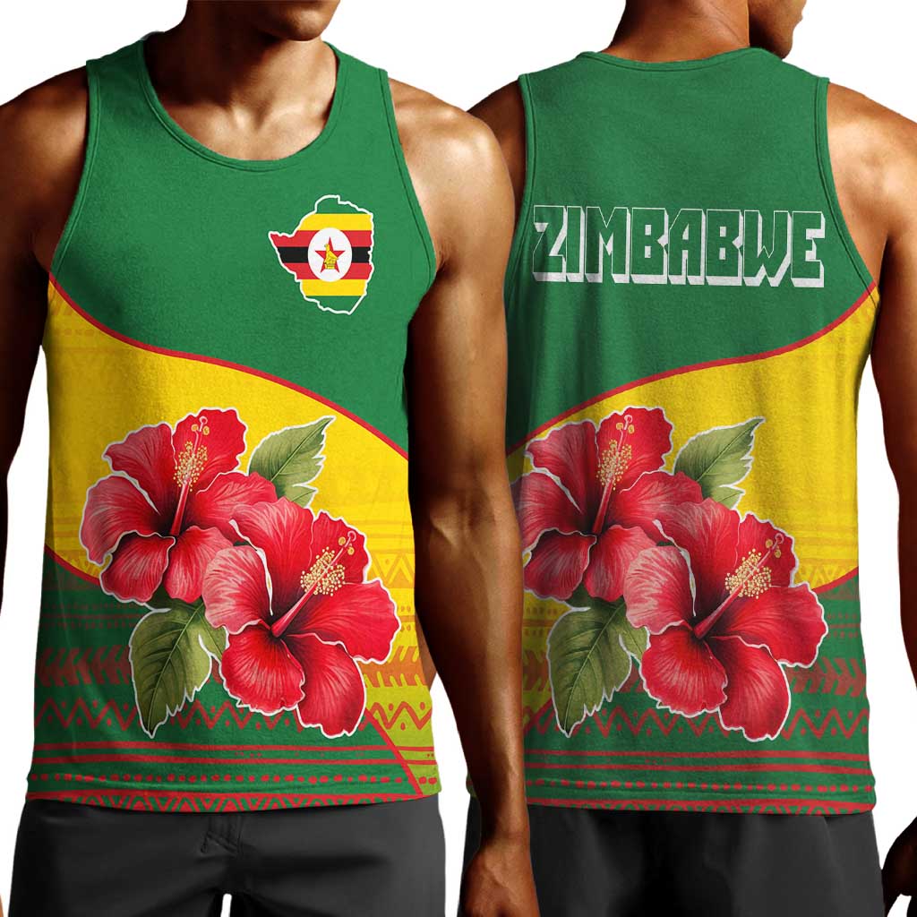 Zimbabwe Flag Map Men Tank Top African Tribal Pattern Red Hibiscus Flowers TS04