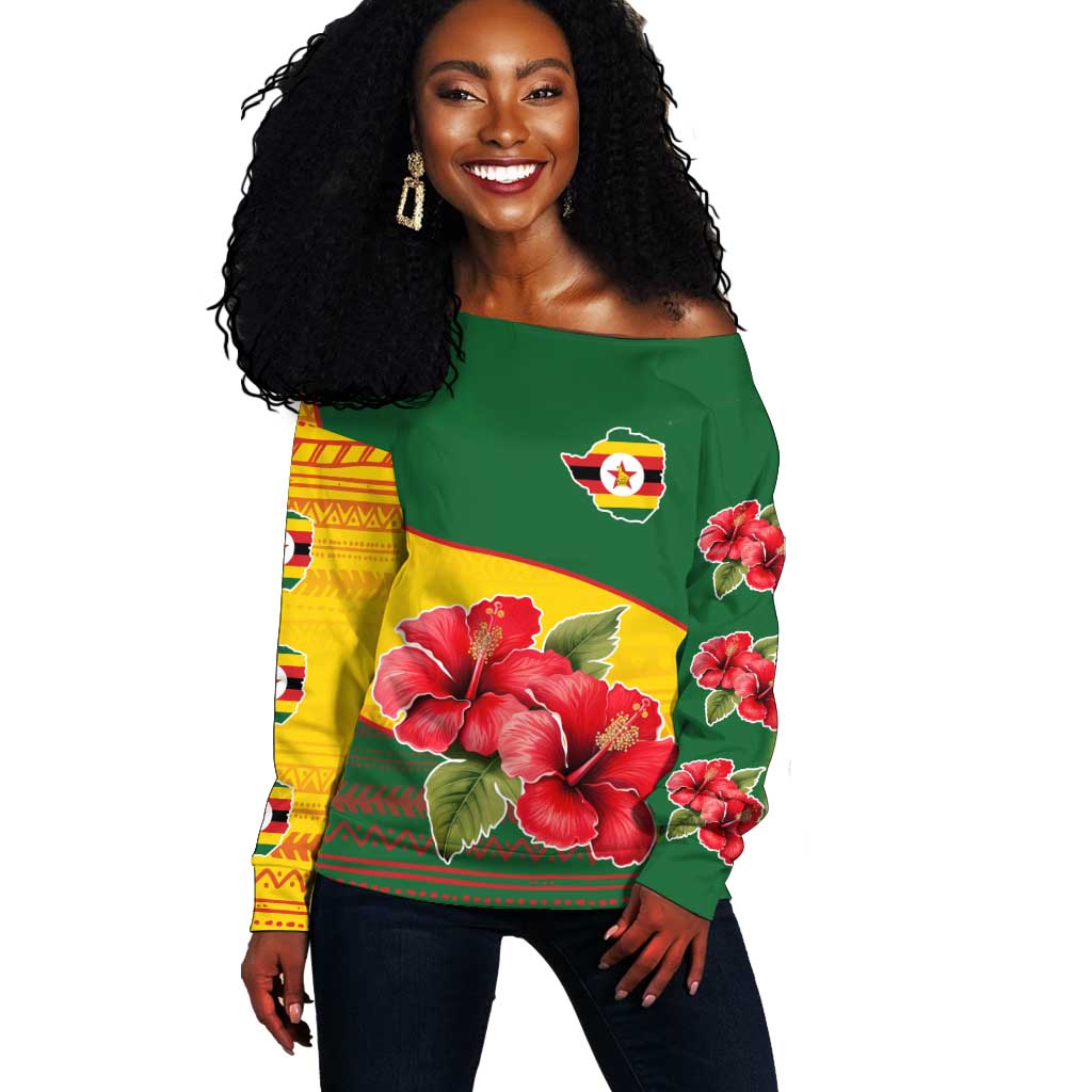 Zimbabwe Flag Map Off Shoulder Sweater African Tribal Pattern Red Hibiscus Flowers TS04