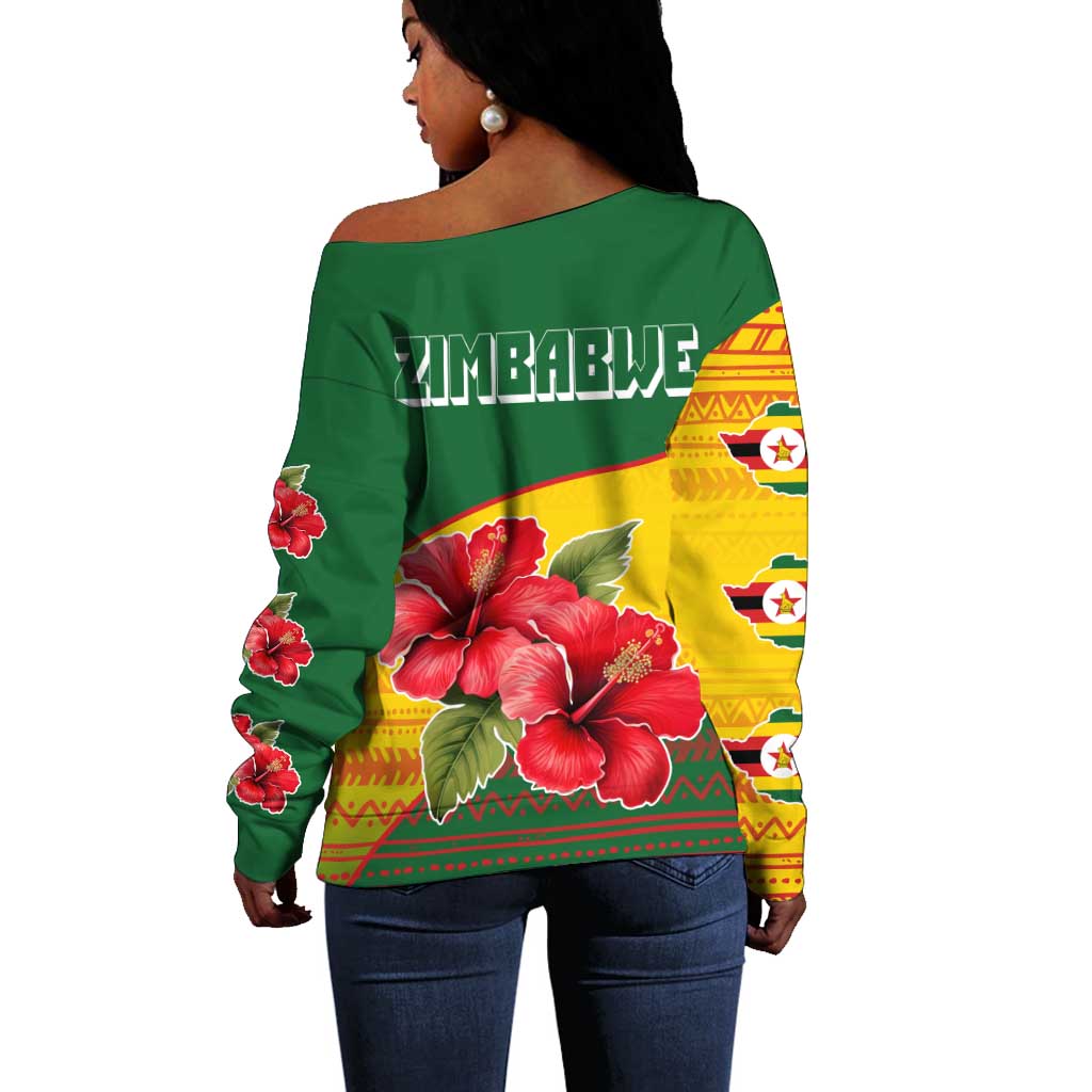 Zimbabwe Flag Map Off Shoulder Sweater African Tribal Pattern Red Hibiscus Flowers TS04