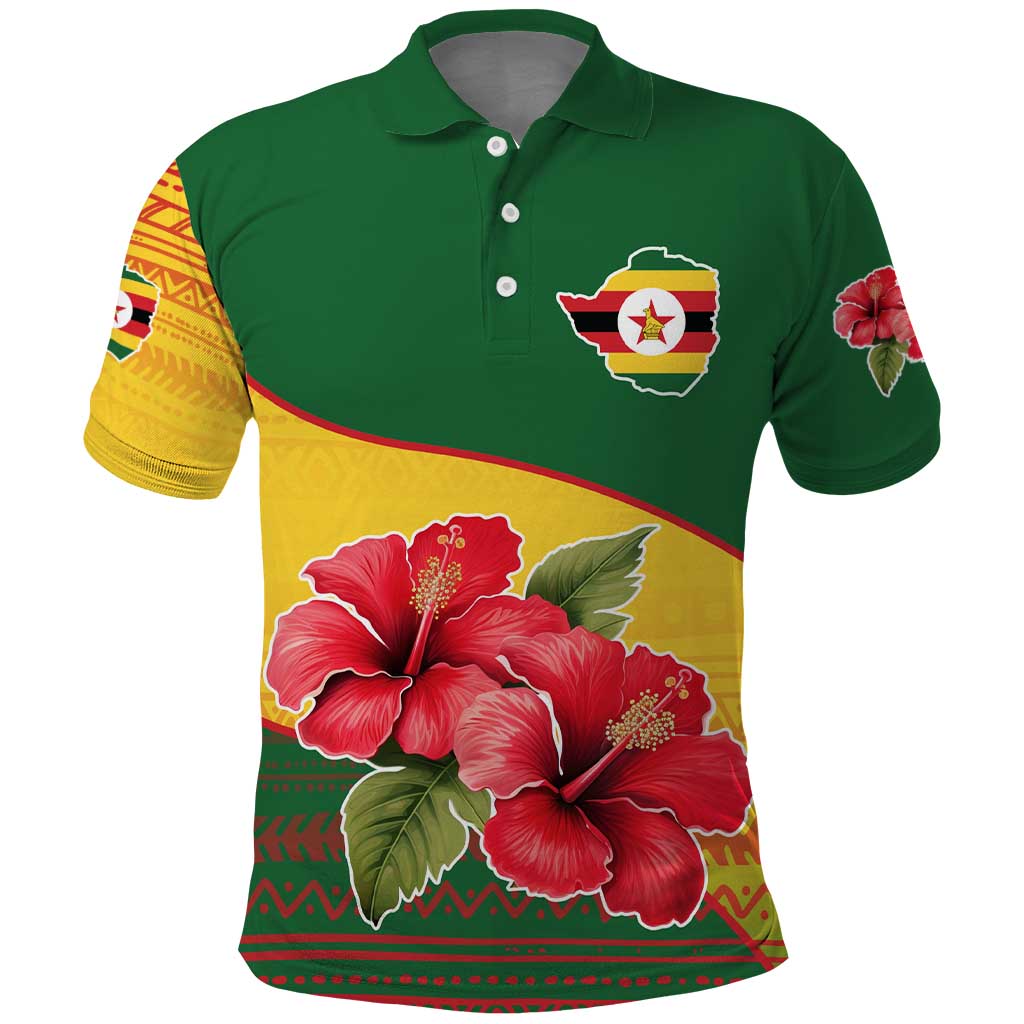 Zimbabwe Flag Map and Red Hibiscus Flowers Polo Shirt with African Tribal Pattern TS04