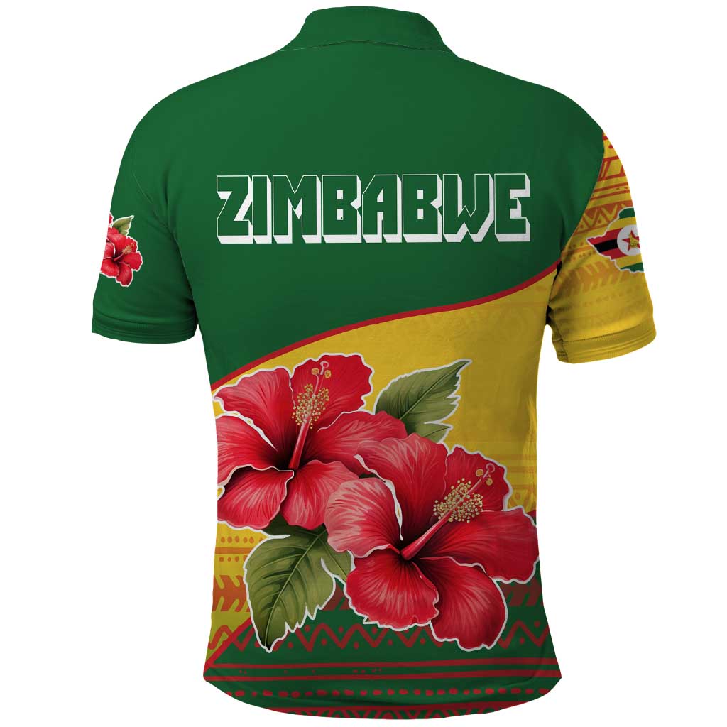 Zimbabwe Flag Map and Red Hibiscus Flowers Polo Shirt with African Tribal Pattern TS04