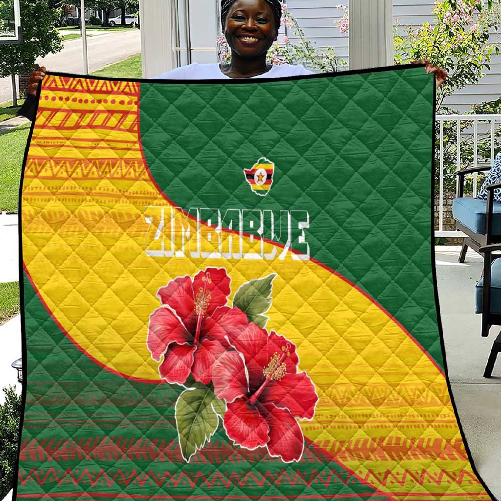 Zimbabwe Flag Map Quilt African Tribal Pattern Red Hibiscus Flowers TS04