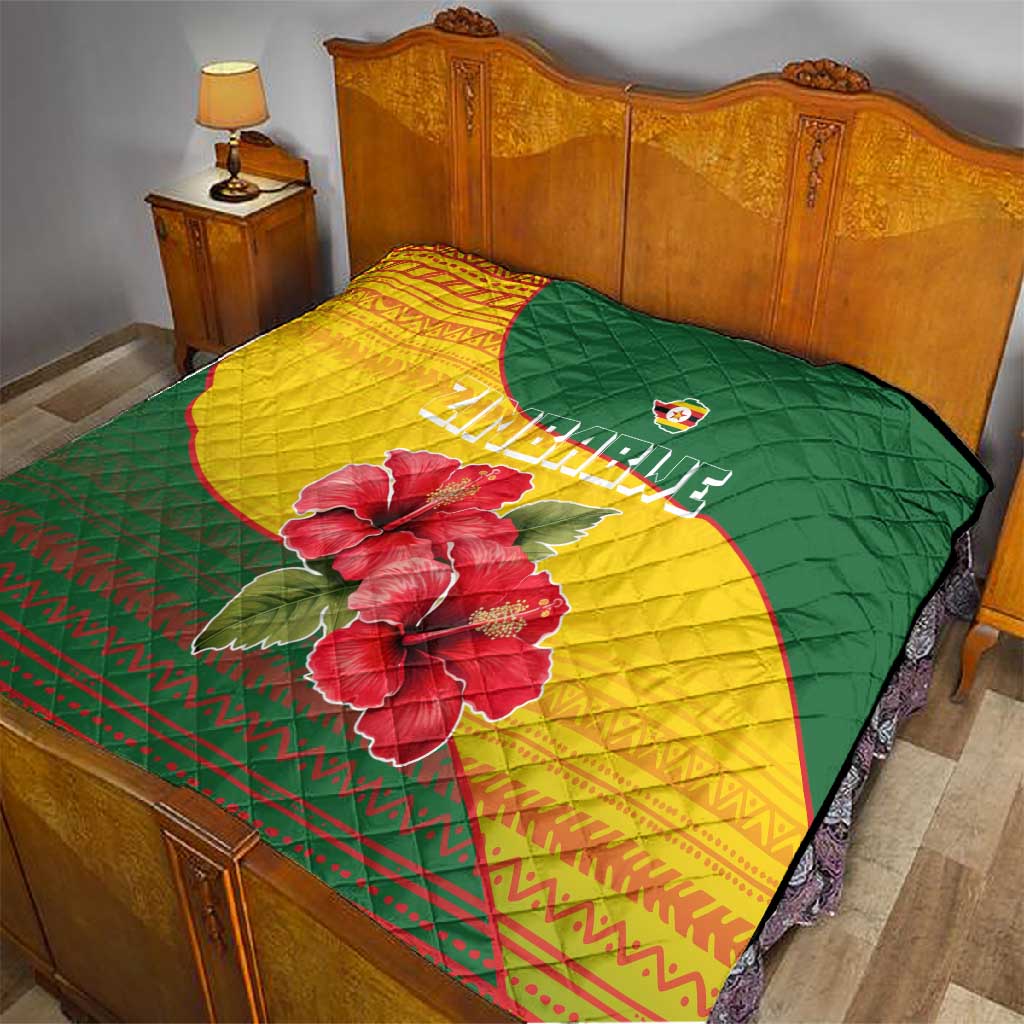Zimbabwe Flag Map Quilt African Tribal Pattern Red Hibiscus Flowers TS04