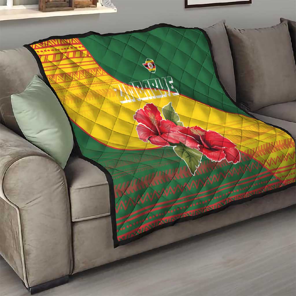 Zimbabwe Flag Map Quilt African Tribal Pattern Red Hibiscus Flowers TS04