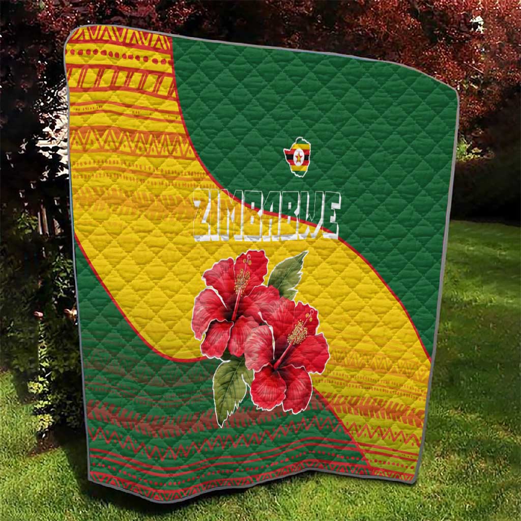 Zimbabwe Flag Map Quilt African Tribal Pattern Red Hibiscus Flowers TS04