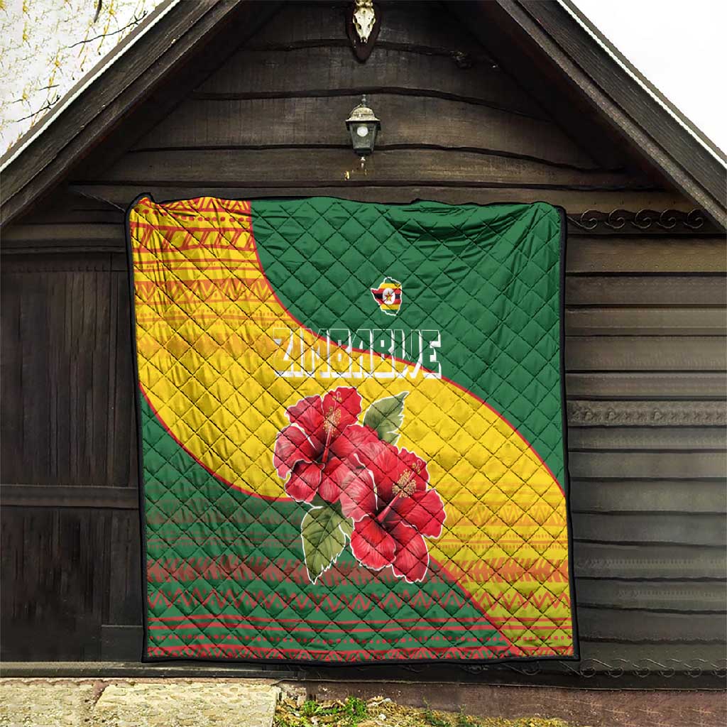 Zimbabwe Flag Map Quilt African Tribal Pattern Red Hibiscus Flowers TS04