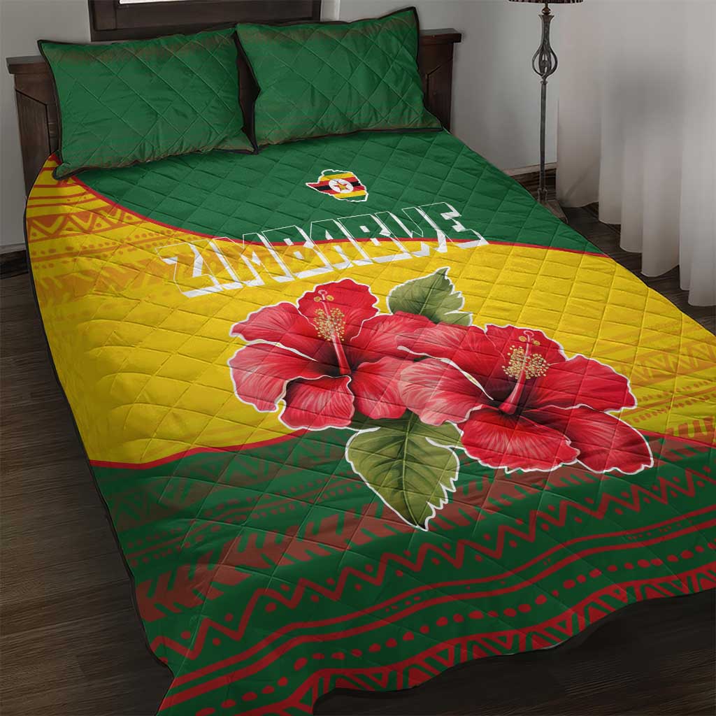 Zimbabwe Flag Map Quilt Bed Set African Tribal Pattern Red Hibiscus Flowers TS04