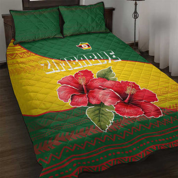 Zimbabwe Flag Map Quilt Bed Set African Tribal Pattern Red Hibiscus Flowers TS04