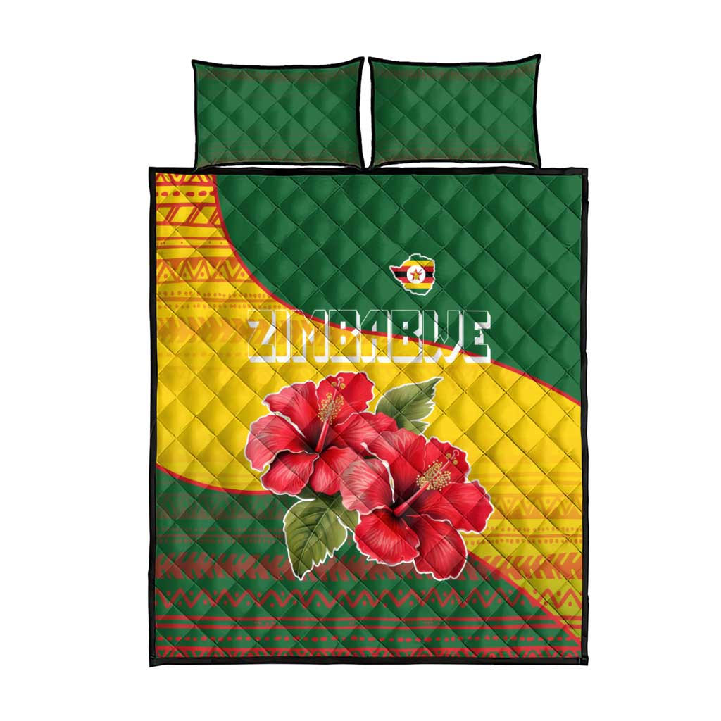 Zimbabwe Flag Map Quilt Bed Set African Tribal Pattern Red Hibiscus Flowers TS04