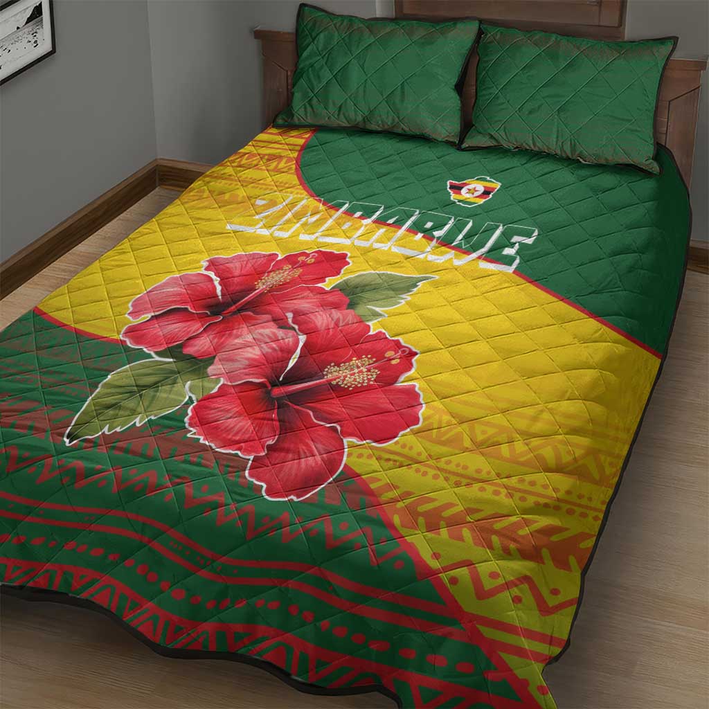 Zimbabwe Flag Map Quilt Bed Set African Tribal Pattern Red Hibiscus Flowers TS04