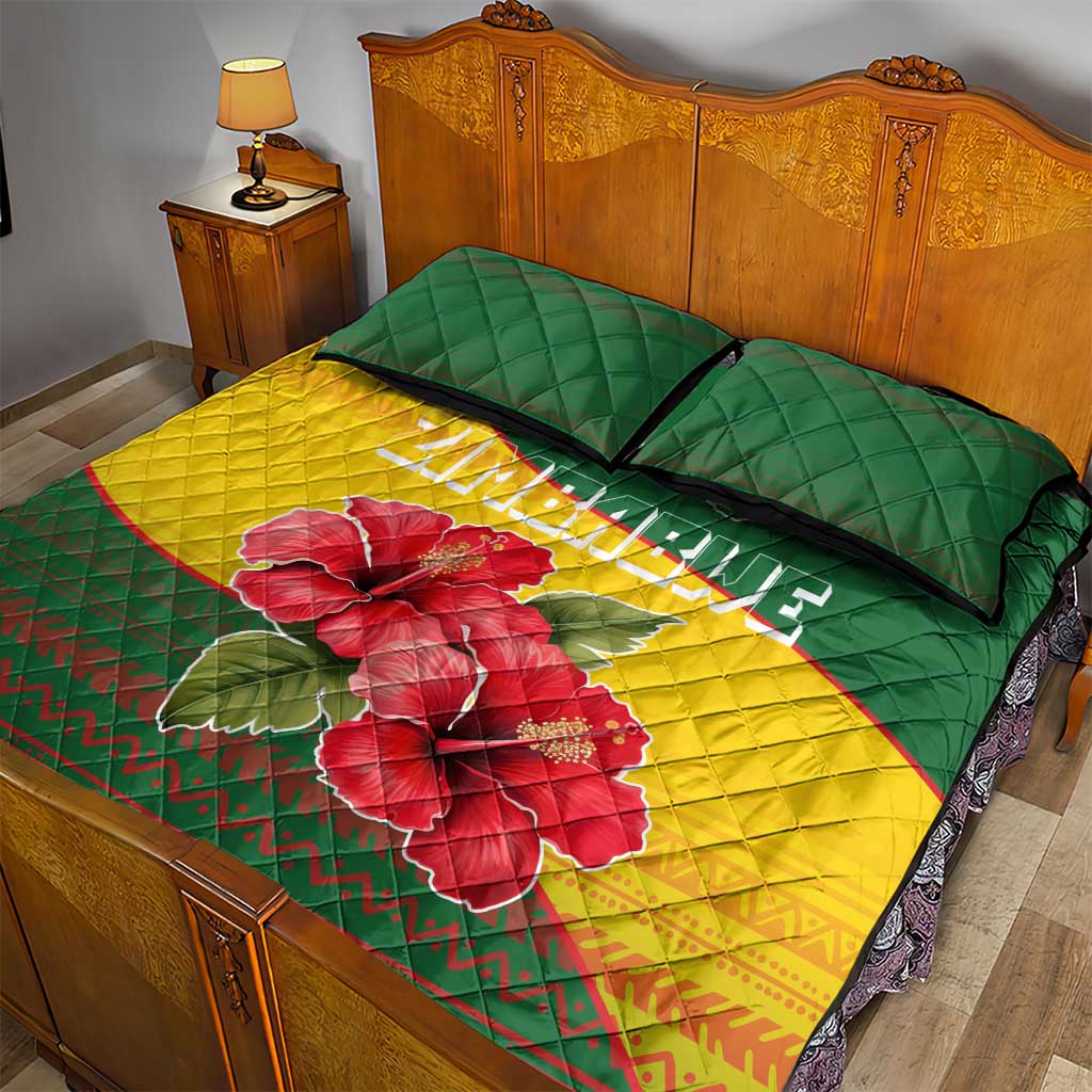 Zimbabwe Flag Map Quilt Bed Set African Tribal Pattern Red Hibiscus Flowers TS04