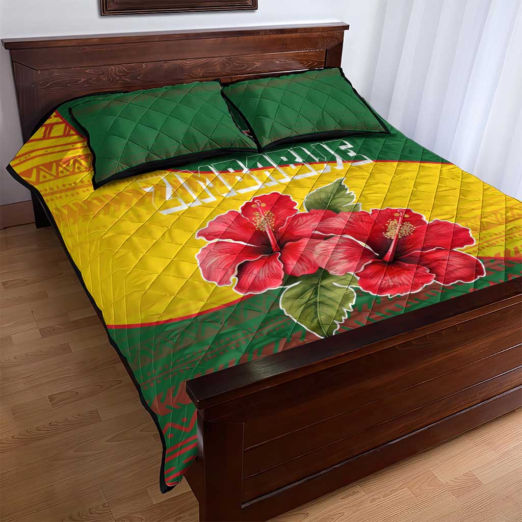 Zimbabwe Flag Map Quilt Bed Set African Tribal Pattern Red Hibiscus Flowers TS04