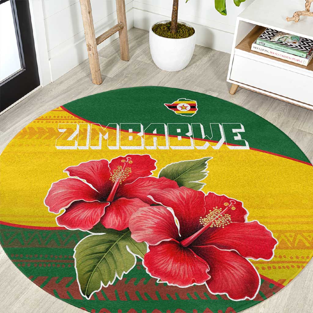 Zimbabwe Flag Map Round Carpet African Tribal Pattern Red Hibiscus Flowers TS04