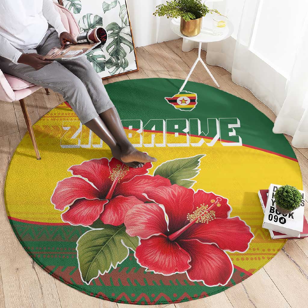 Zimbabwe Flag Map Round Carpet African Tribal Pattern Red Hibiscus Flowers TS04