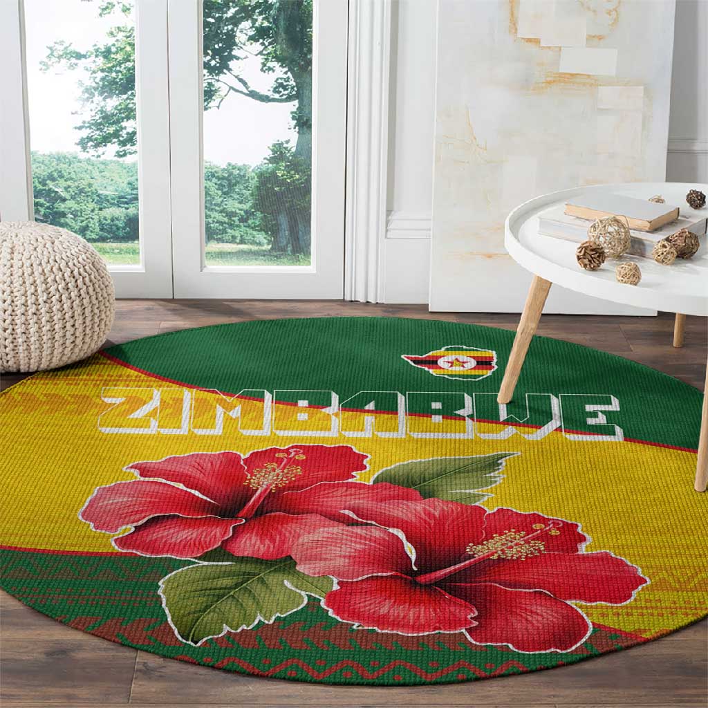 Zimbabwe Flag Map Round Carpet African Tribal Pattern Red Hibiscus Flowers TS04
