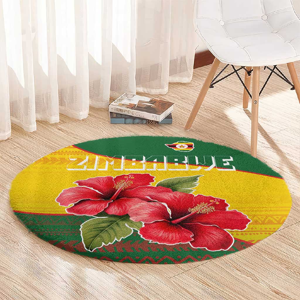 Zimbabwe Flag Map Round Carpet African Tribal Pattern Red Hibiscus Flowers TS04