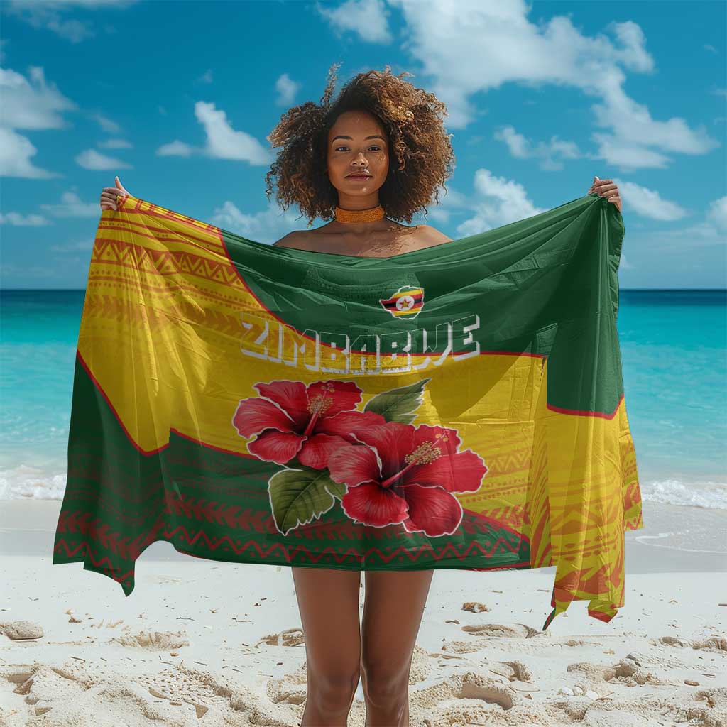 Zimbabwe Flag Map Sarong African Tribal Pattern Red Hibiscus Flowers TS04