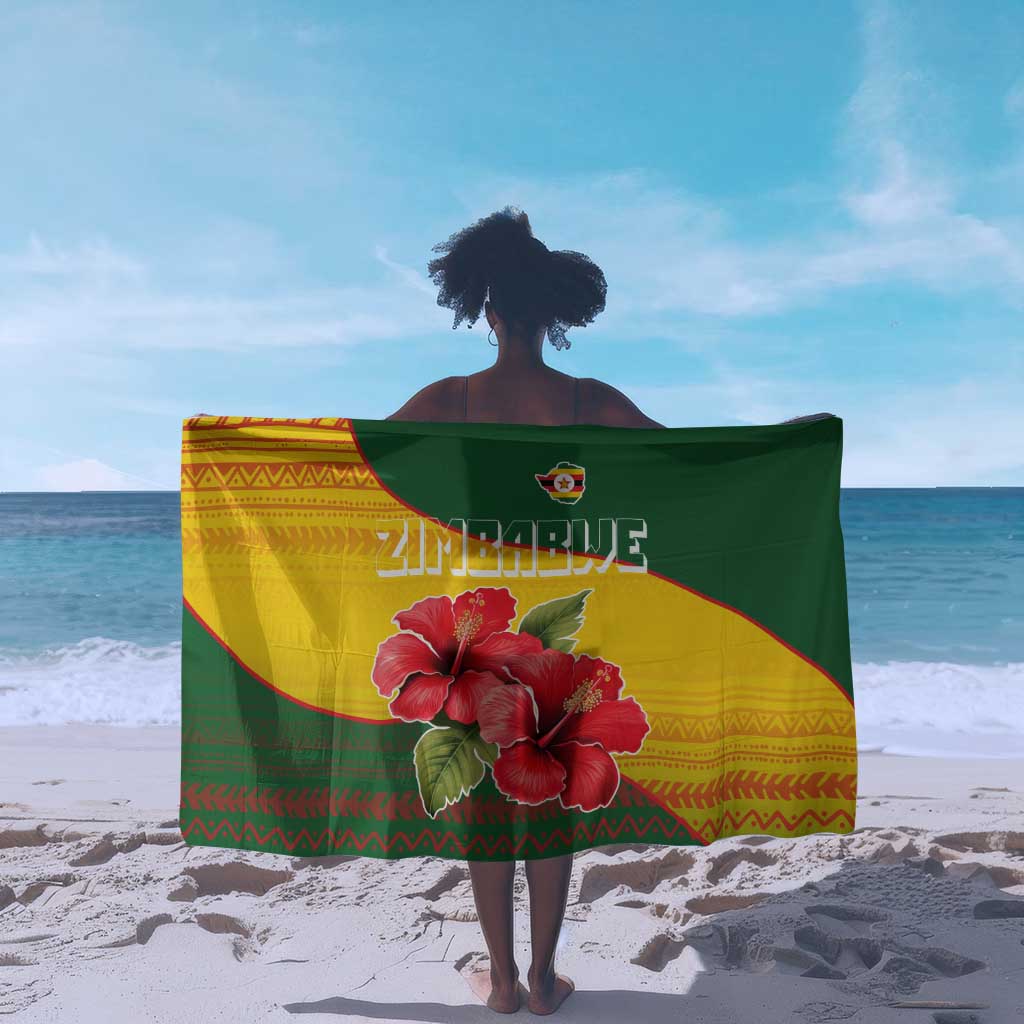 Zimbabwe Flag Map Sarong African Tribal Pattern Red Hibiscus Flowers TS04