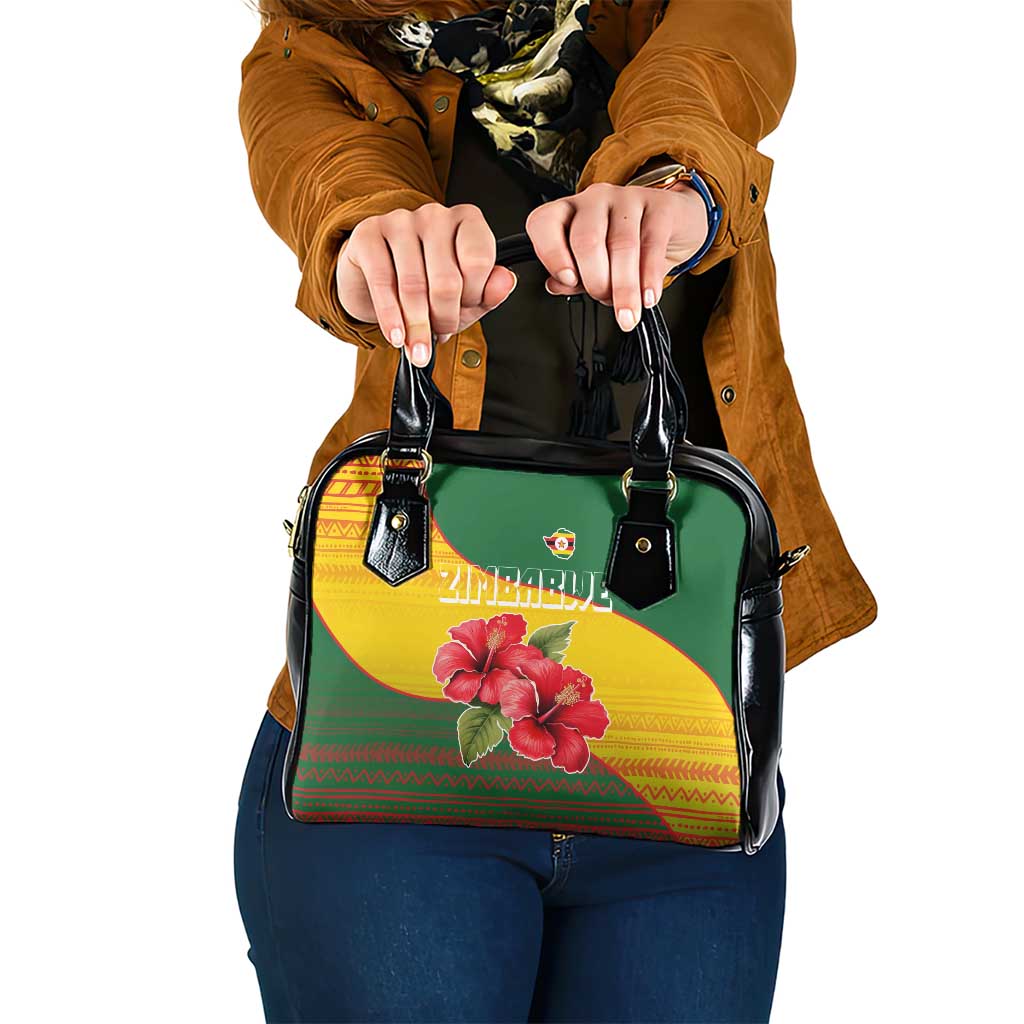 Zimbabwe Flag Map and Red Hibiscus Flowers Shoulder Handbag with African Tribal Pattern TS04