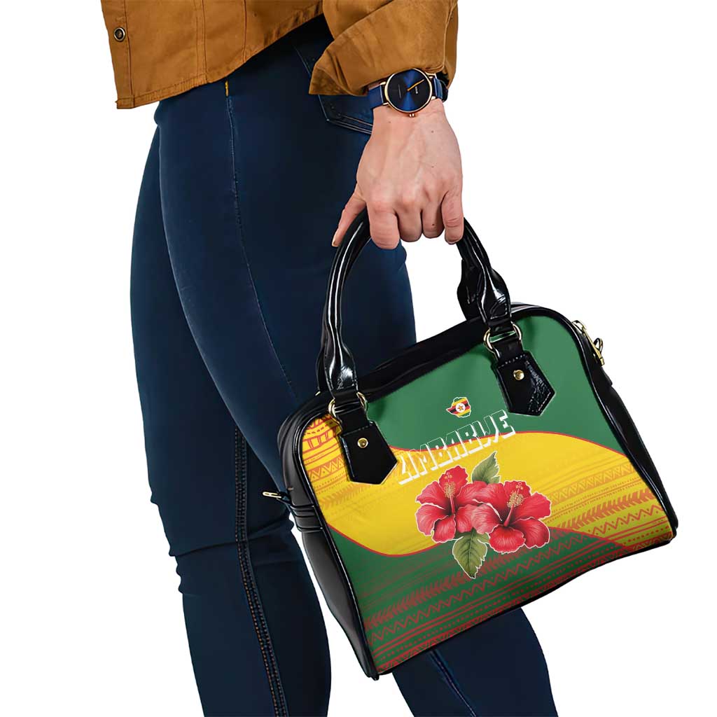 Zimbabwe Flag Map and Red Hibiscus Flowers Shoulder Handbag with African Tribal Pattern TS04