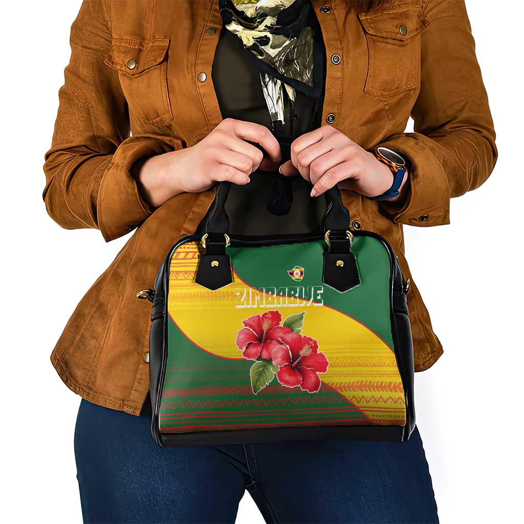 Zimbabwe Flag Map and Red Hibiscus Flowers Shoulder Handbag with African Tribal Pattern TS04
