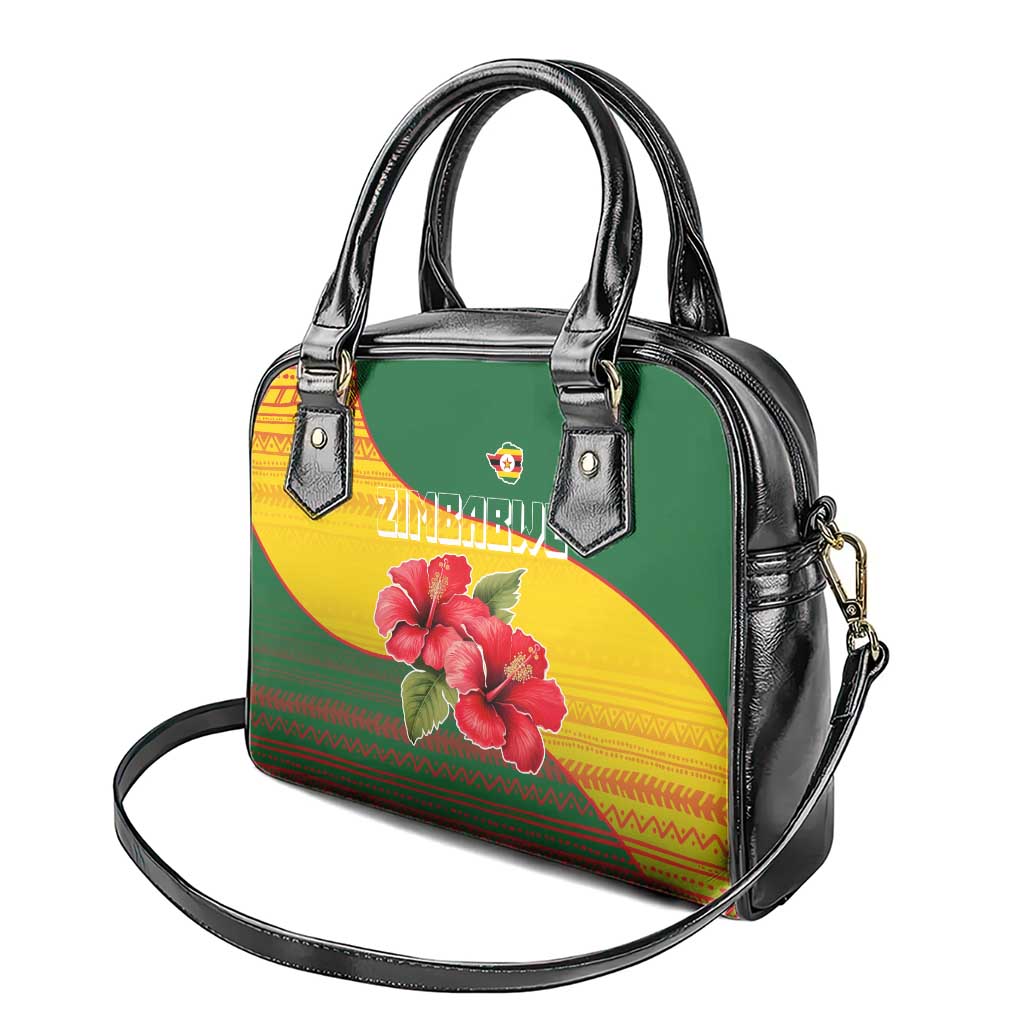 Zimbabwe Flag Map and Red Hibiscus Flowers Shoulder Handbag with African Tribal Pattern TS04