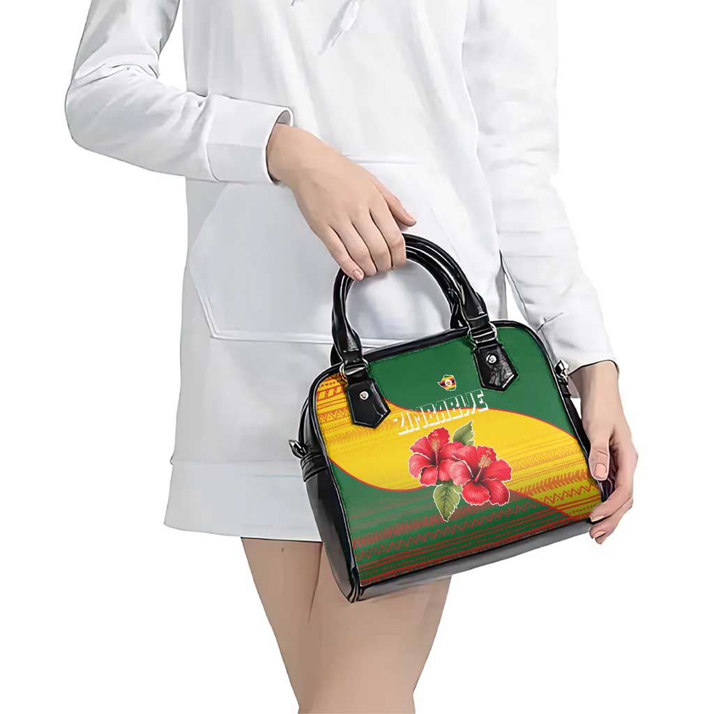 Zimbabwe Flag Map and Red Hibiscus Flowers Shoulder Handbag with African Tribal Pattern TS04