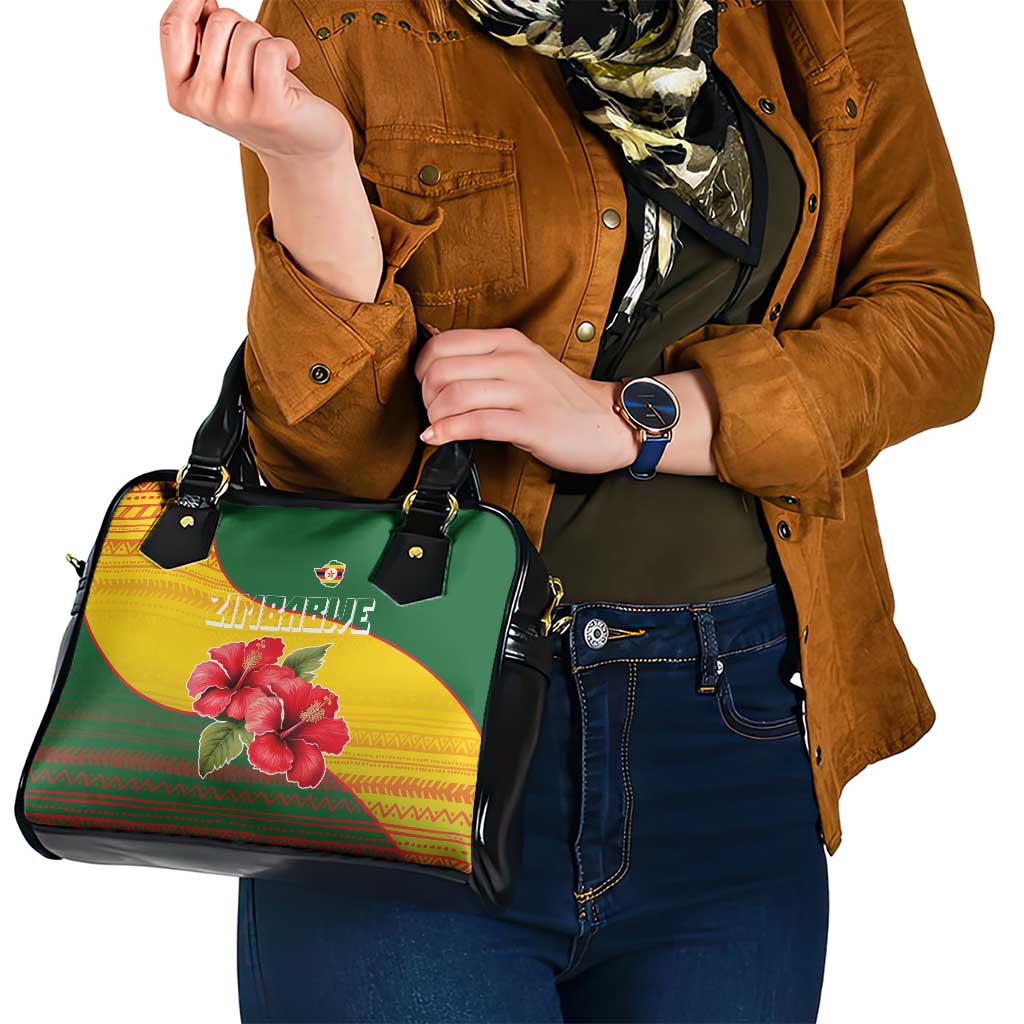 Zimbabwe Flag Map and Red Hibiscus Flowers Shoulder Handbag with African Tribal Pattern TS04
