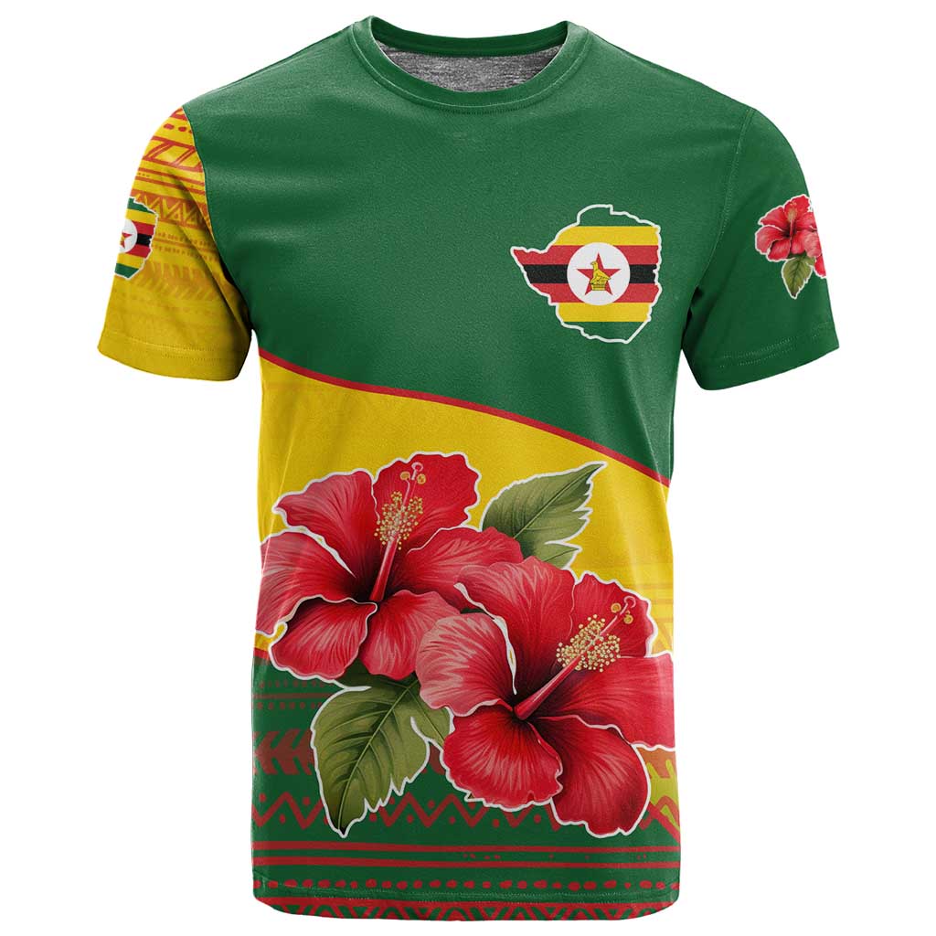 Zimbabwe Flag Map T shirt African Tribal Pattern Red Hibiscus Flowers TS04