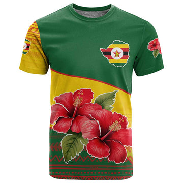 Zimbabwe Flag Map T shirt African Tribal Pattern Red Hibiscus Flowers TS04