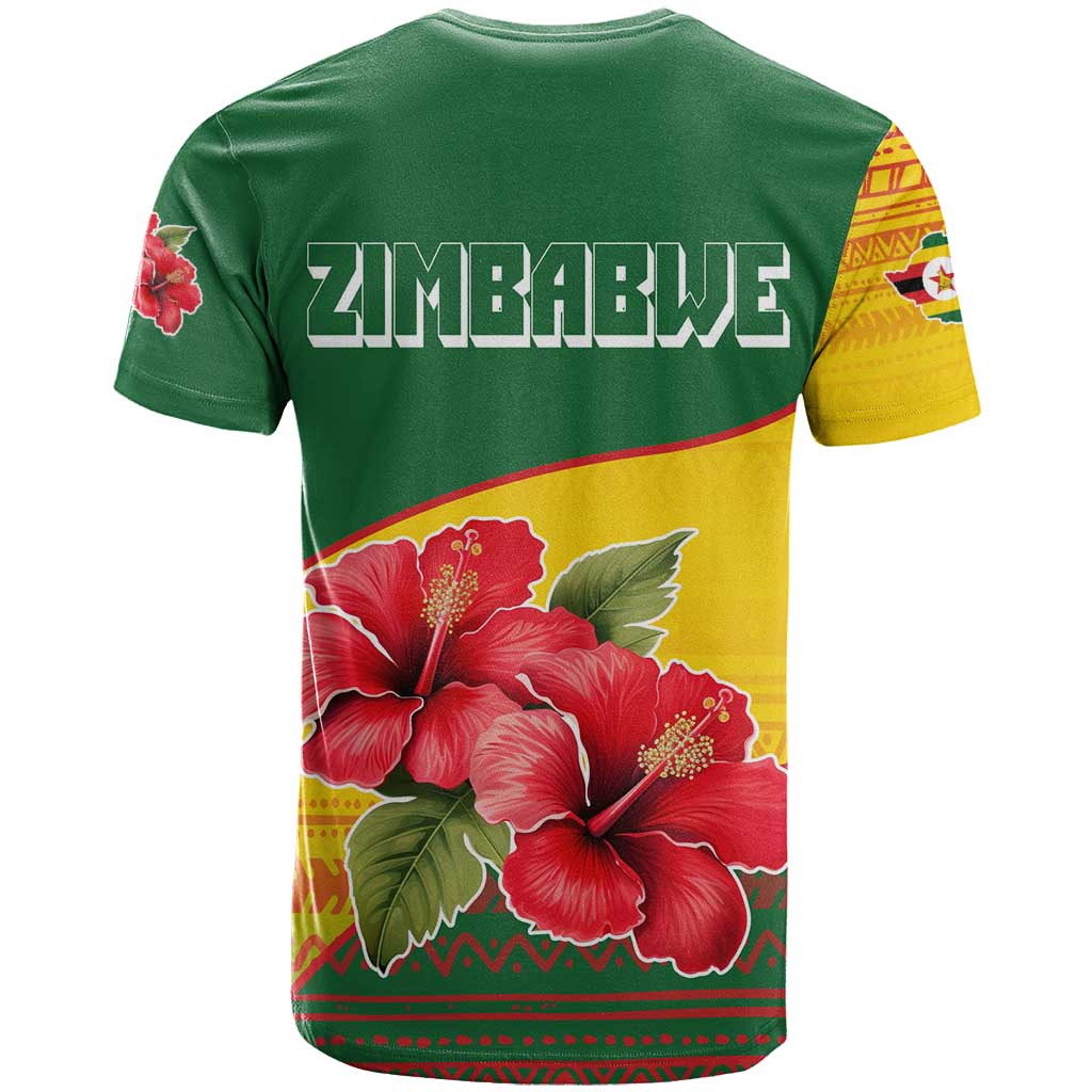 Zimbabwe Flag Map T shirt African Tribal Pattern Red Hibiscus Flowers TS04