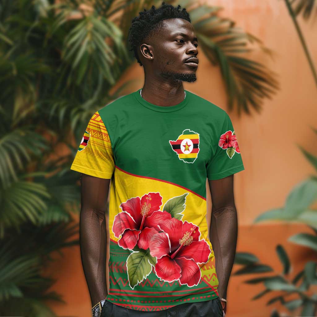 Zimbabwe Flag Map T shirt African Tribal Pattern Red Hibiscus Flowers TS04