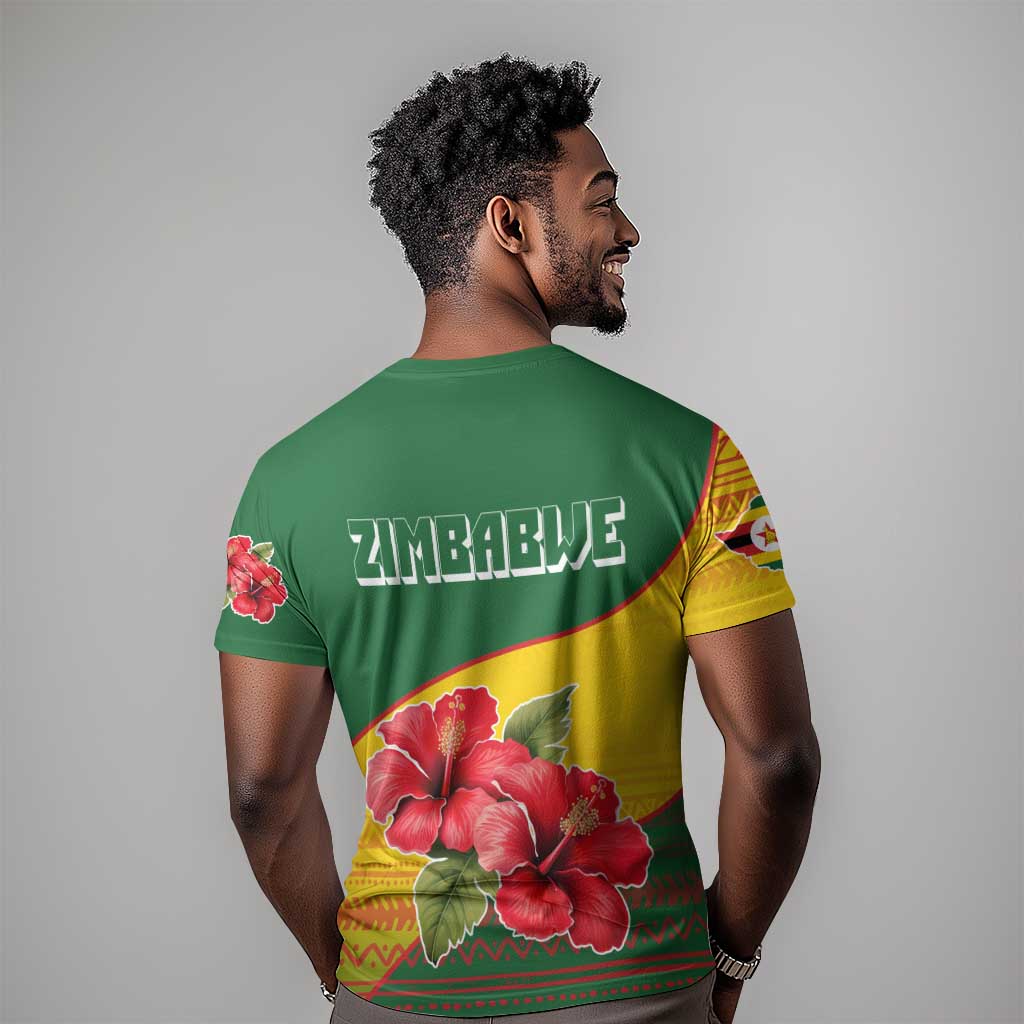 Zimbabwe Flag Map T shirt African Tribal Pattern Red Hibiscus Flowers TS04