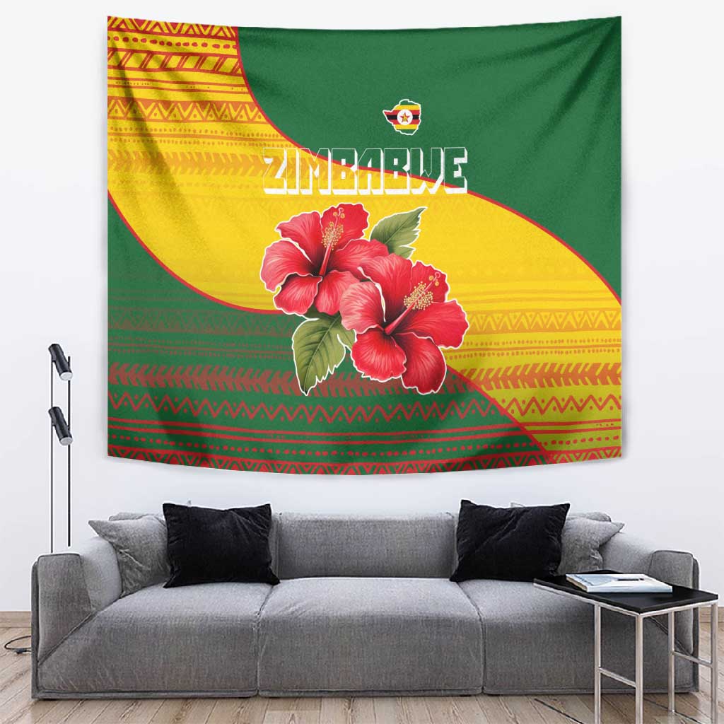 Zimbabwe Flag Map Tapestry African Tribal Pattern Red Hibiscus Flowers TS04
