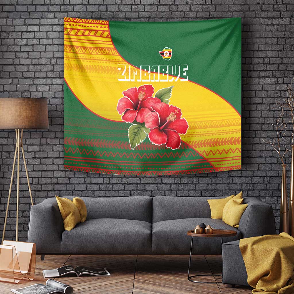 Zimbabwe Flag Map Tapestry African Tribal Pattern Red Hibiscus Flowers TS04
