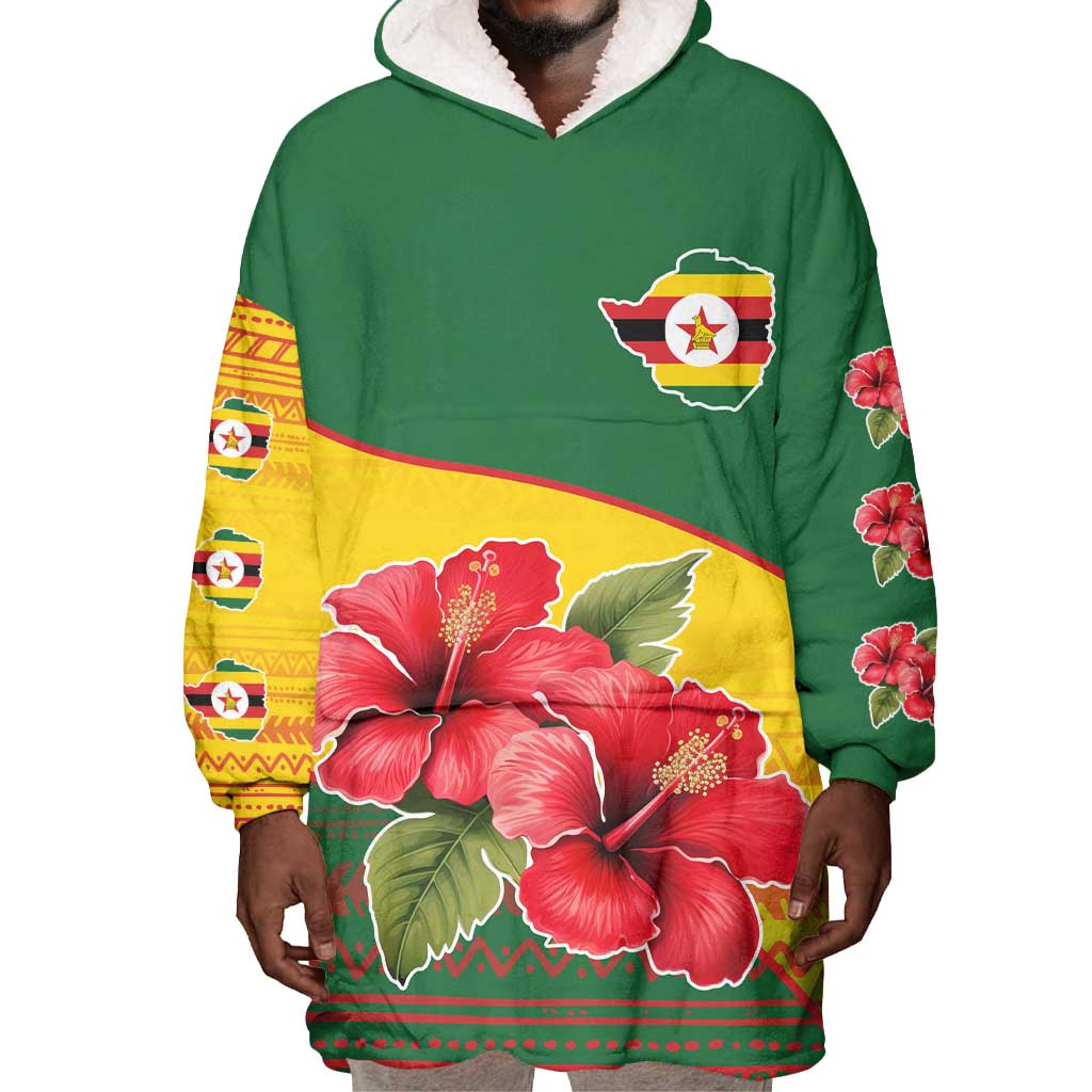 Zimbabwe Flag Map Wearable Blanket Hoodie African Tribal Pattern Red Hibiscus Flowers TS04