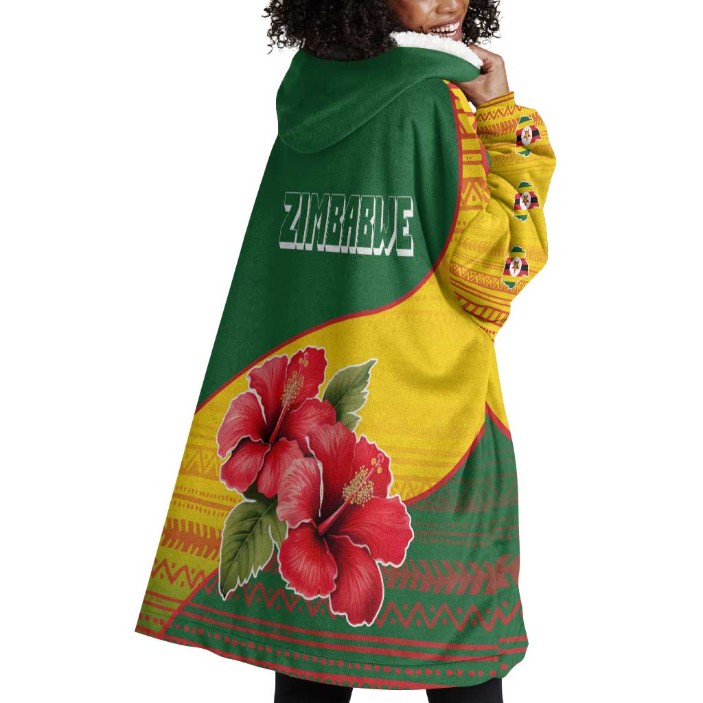 Zimbabwe Flag Map Wearable Blanket Hoodie African Tribal Pattern Red Hibiscus Flowers TS04