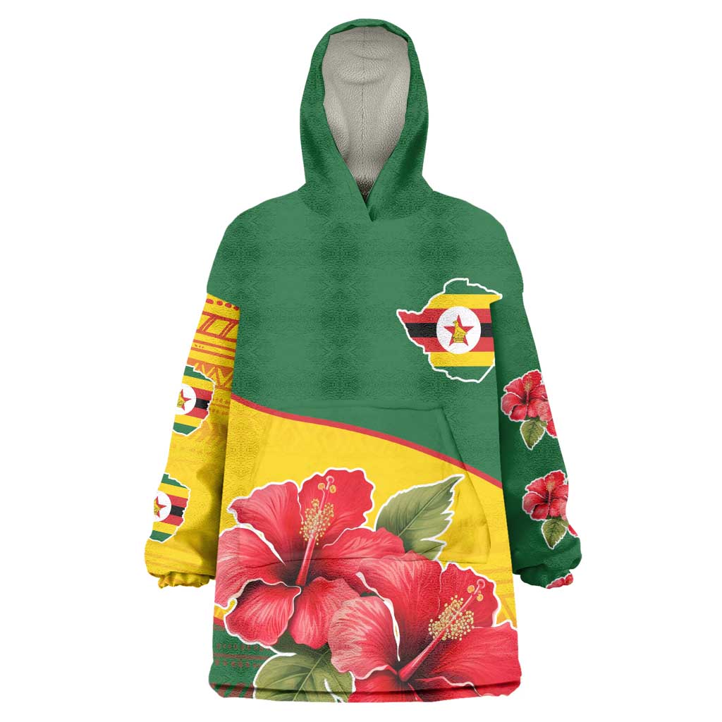 Zimbabwe Flag Map Wearable Blanket Hoodie African Tribal Pattern Red Hibiscus Flowers TS04