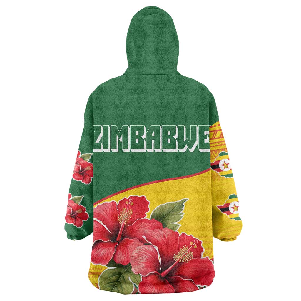 Zimbabwe Flag Map Wearable Blanket Hoodie African Tribal Pattern Red Hibiscus Flowers TS04