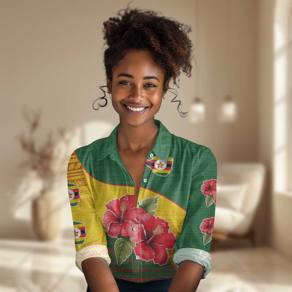 Zimbabwe Flag Map Women Casual Shirt African Tribal Pattern Red Hibiscus Flowers TS04
