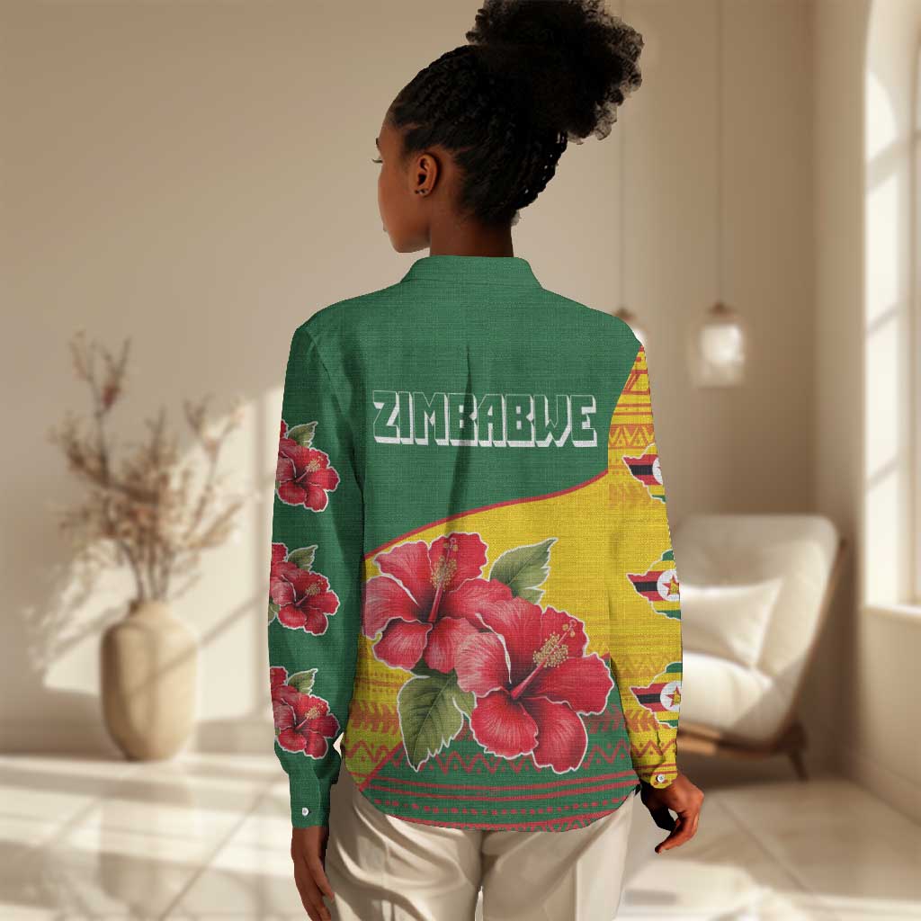 Zimbabwe Flag Map Women Casual Shirt African Tribal Pattern Red Hibiscus Flowers TS04
