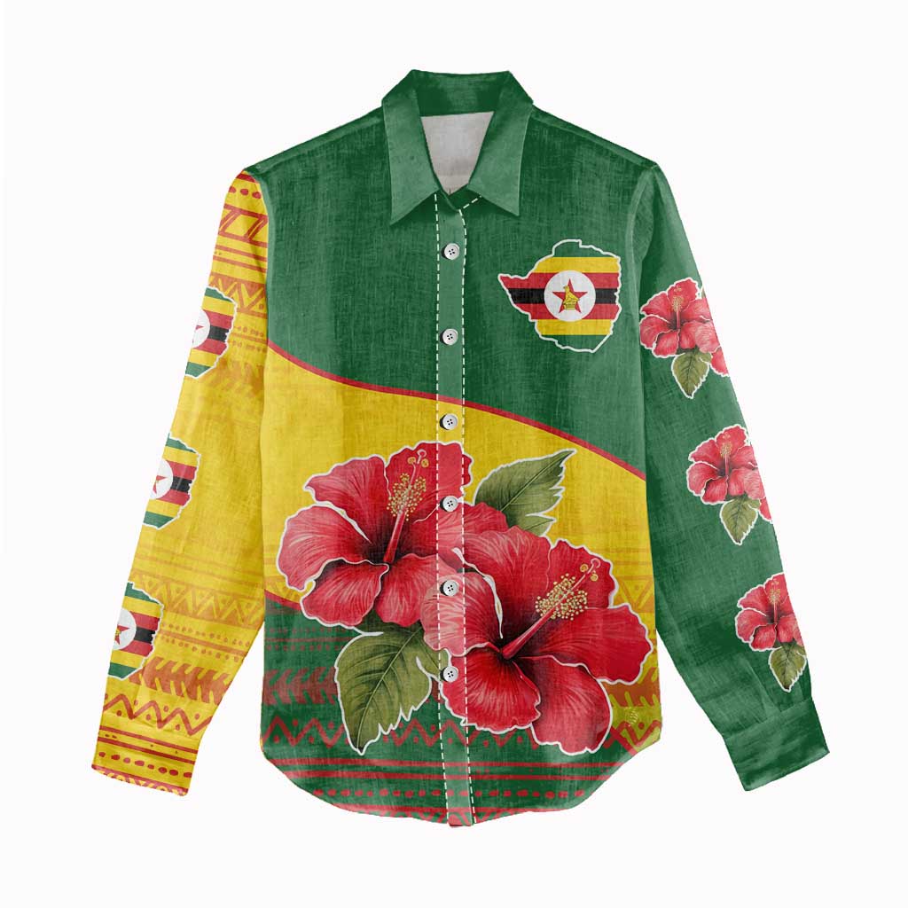 Zimbabwe Flag Map Women Casual Shirt African Tribal Pattern Red Hibiscus Flowers TS04