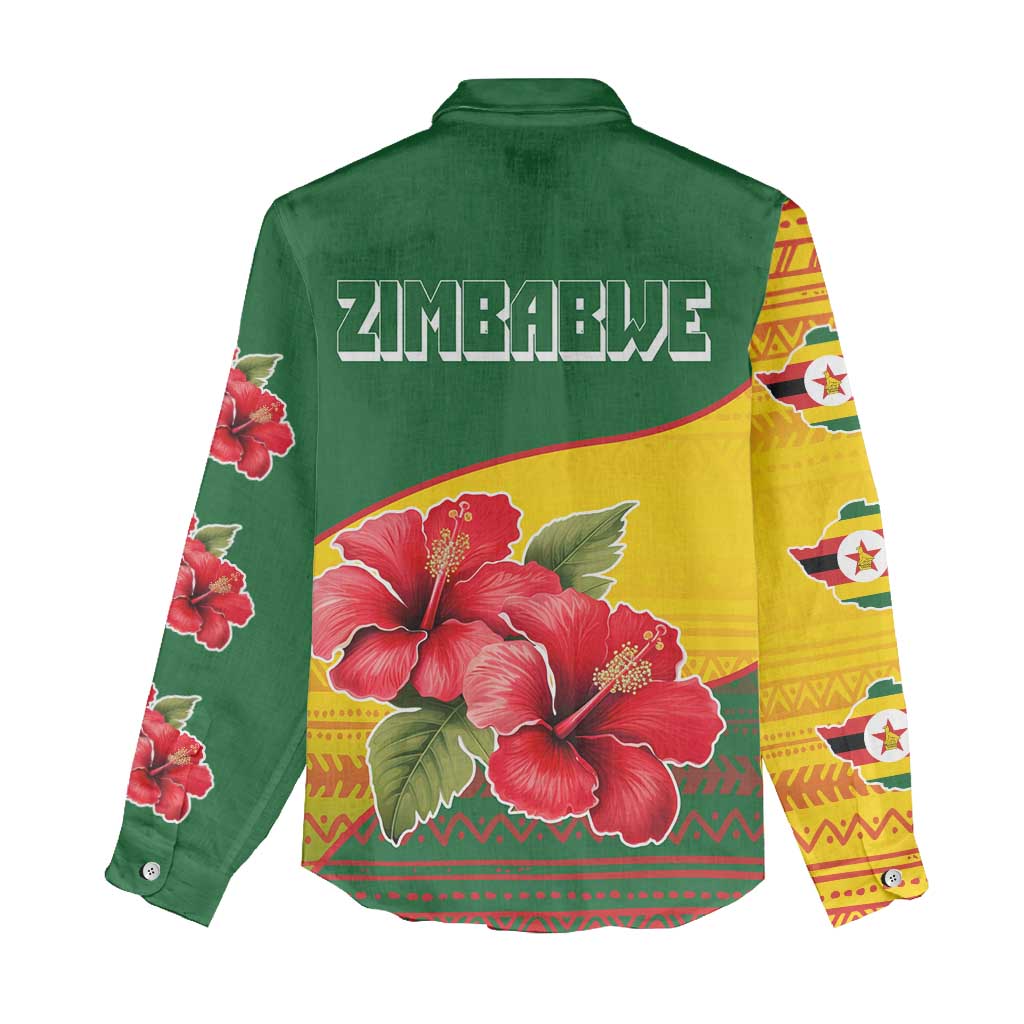 Zimbabwe Flag Map Women Casual Shirt African Tribal Pattern Red Hibiscus Flowers TS04