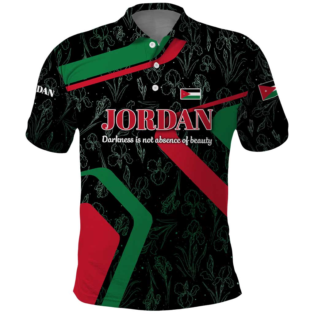 Jordan Black Iris Polo Shirt with Flag Colors and Cultural Quote TS04