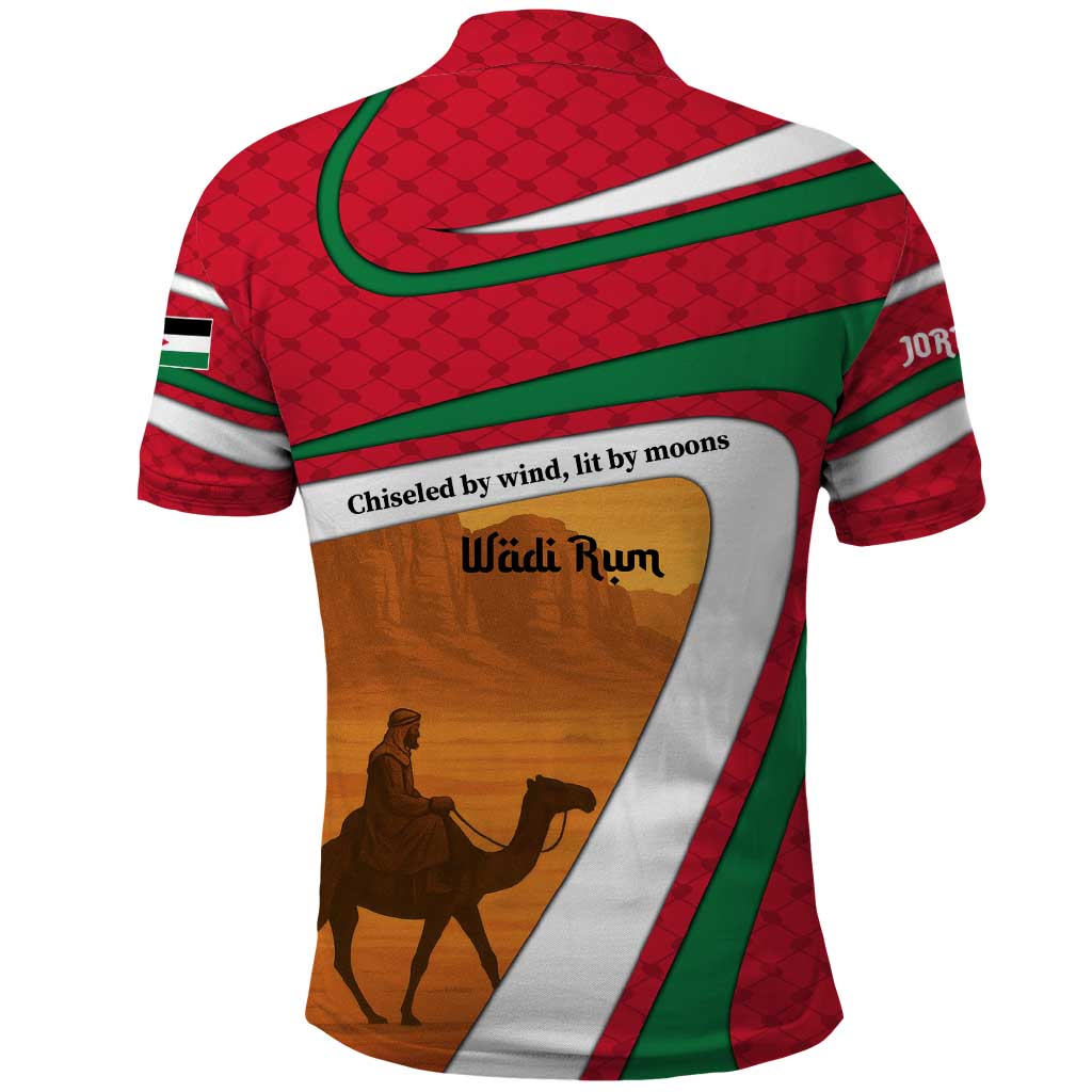 Wadi Rum Desert Polo Shirt with Camel Rider and Jordan Flag Colors TS04