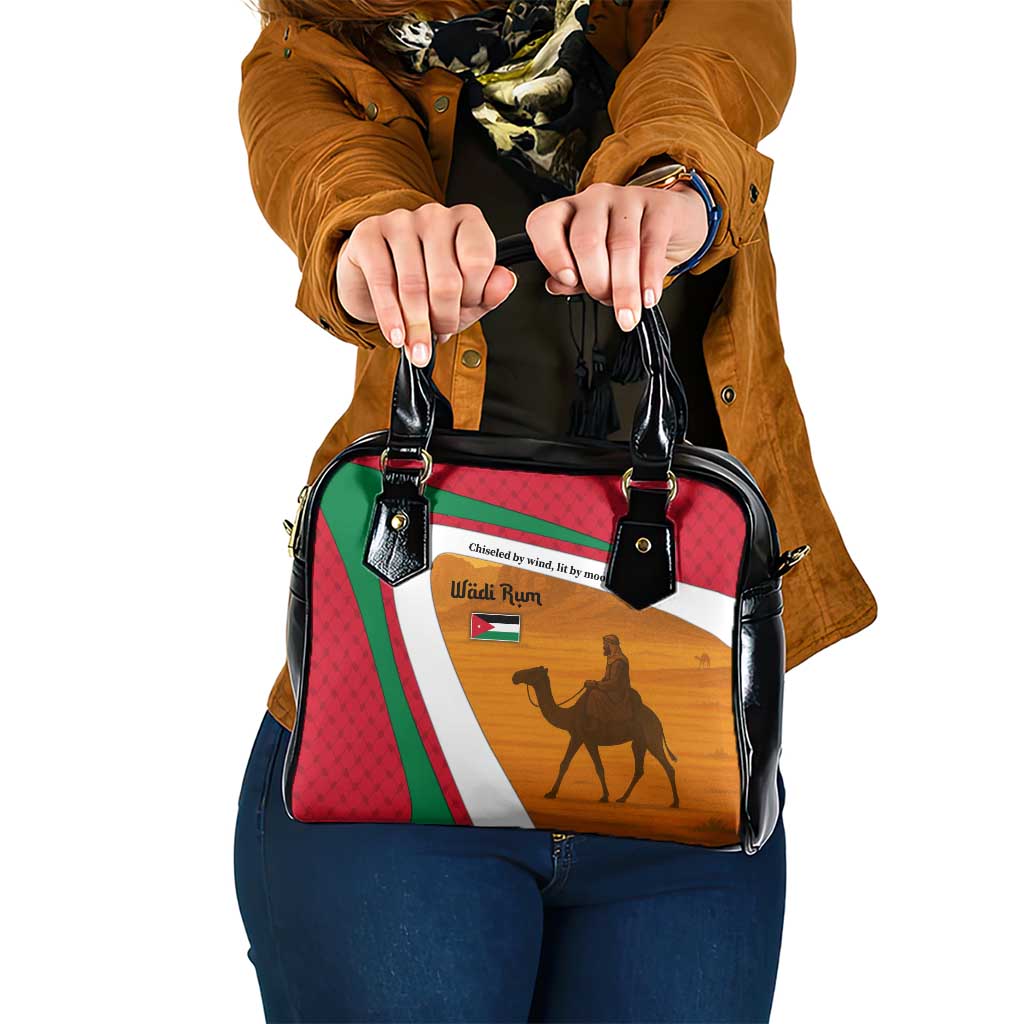Wadi Rum Desert Shoulder Handbag with Camel Rider and Jordan Flag Colors TS04