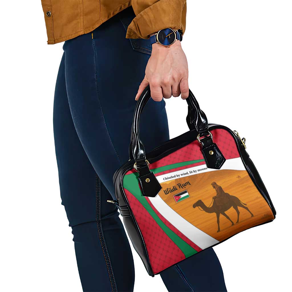 Wadi Rum Desert Shoulder Handbag with Camel Rider and Jordan Flag Colors TS04