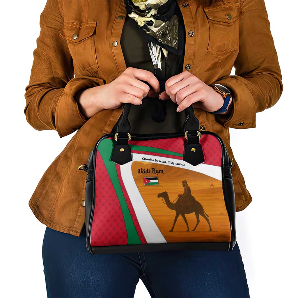 Wadi Rum Desert Shoulder Handbag with Camel Rider and Jordan Flag Colors TS04