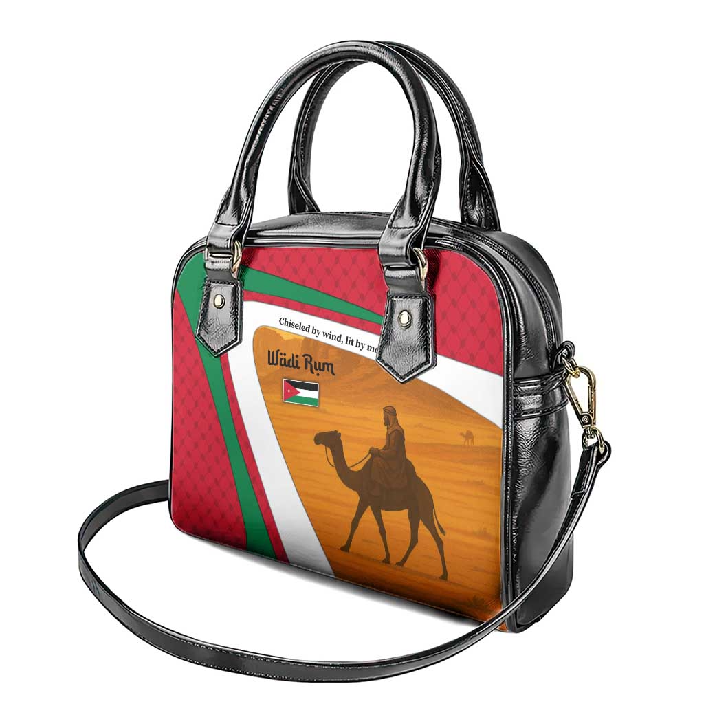 Wadi Rum Desert Shoulder Handbag with Camel Rider and Jordan Flag Colors TS04